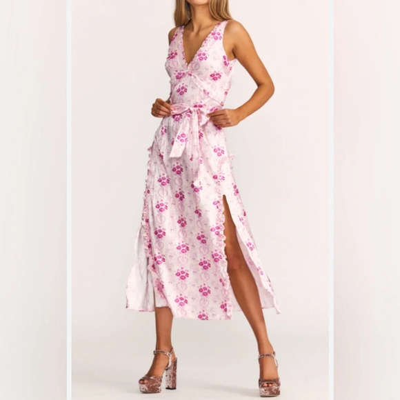 LoveShackFancy Kendall Satin Floral Pink Midi Dress size 0 - Picture 10 of 11